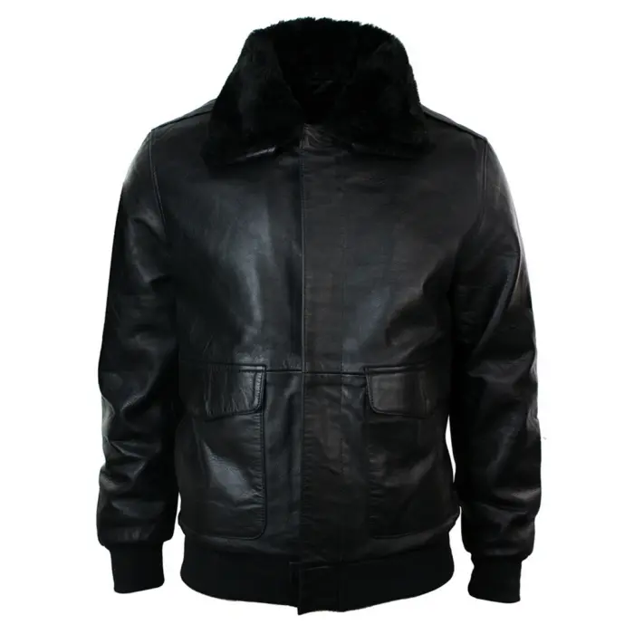 Mens Real Fur Collar Leather Bomber Pilot Flying Jacket Black Brown A2 - Image 1
