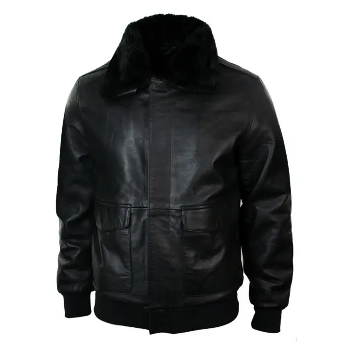Mens Real Fur Collar Leather Bomber Pilot Flying Jacket Black Brown A2 - Image 2