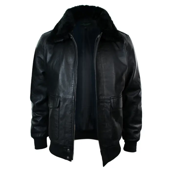 Mens Real Fur Collar Leather Bomber Pilot Flying Jacket Black Brown A2 - Image 3