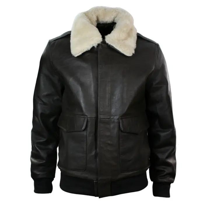Mens Real Fur Collar Leather Bomber Pilot Flying Jacket Black Brown A2 - Image 6