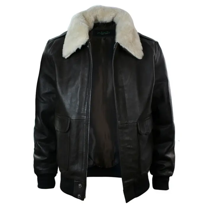 Mens Real Fur Collar Leather Bomber Pilot Flying Jacket Black Brown A2 - Image 8