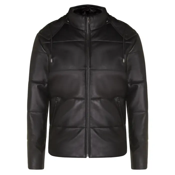 Mens Puffer Hood Jacket Real Leather Black Brown Casual Retro 80s Classic Casual - Image 1