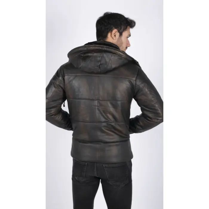 Mens Puffer Hood Jacket Real Leather Black Brown Casual Retro 80s Classic Casual - Image 10