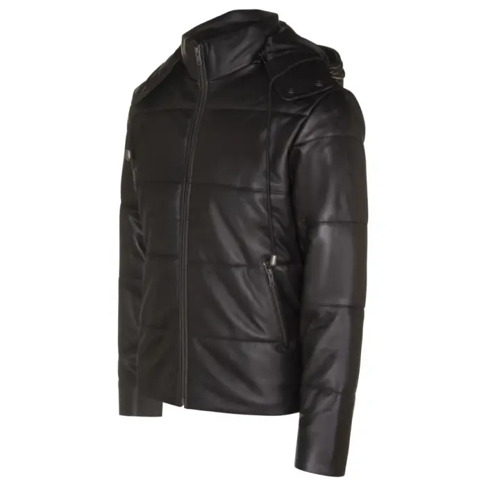 Mens Puffer Hood Jacket Real Leather Black Brown Casual Retro 80s Classic Casual - Image 2