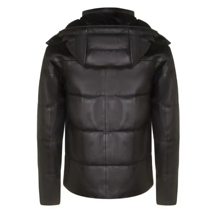 Mens Puffer Hood Jacket Real Leather Black Brown Casual Retro 80s Classic Casual - Image 4