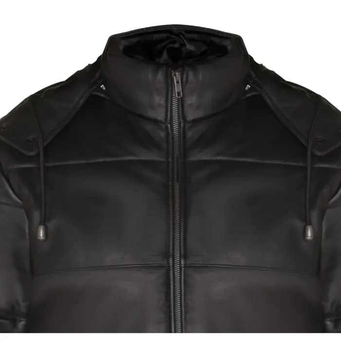 Mens Puffer Hood Jacket Real Leather Black Brown Casual Retro 80s Classic Casual - Image 3