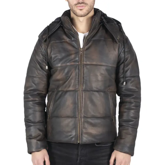 Mens Puffer Hood Jacket Real Leather Black Brown Casual Retro 80s Classic Casual - Image 5