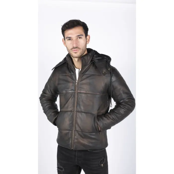 Mens Puffer Hood Jacket Real Leather Black Brown Casual Retro 80s Classic Casual - Image 6