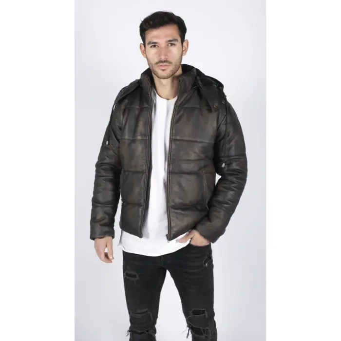 Mens Puffer Hood Jacket Real Leather Black Brown Casual Retro 80s Classic Casual - Image 7