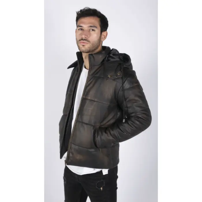 Mens Puffer Hood Jacket Real Leather Black Brown Casual Retro 80s Classic Casual - Image 8