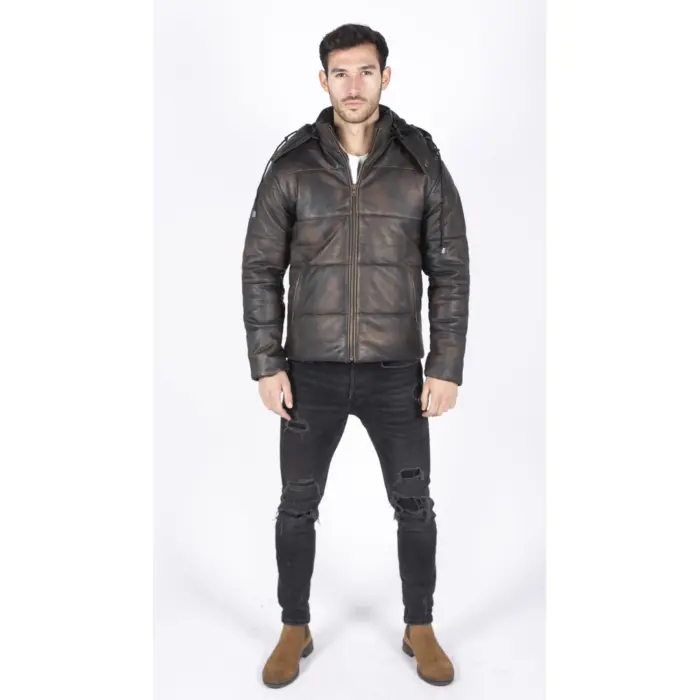 Mens Puffer Hood Jacket Real Leather Black Brown Casual Retro 80s Classic Casual - Image 9