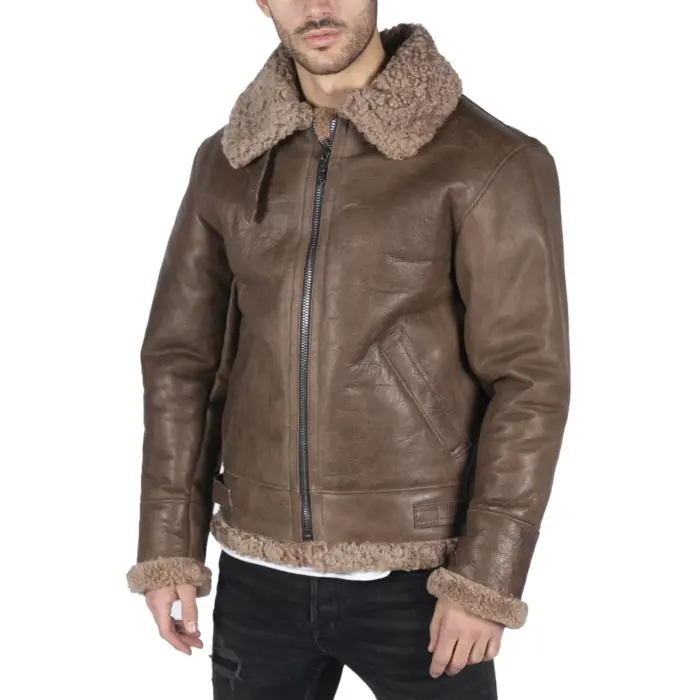 Mens Genuine Sheepskin Leather B3 Flying Aviator Vintage Brown Teddy Sheep Fur - Image 1