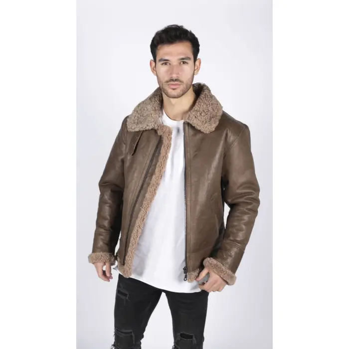 Mens Genuine Sheepskin Leather B3 Flying Aviator Vintage Brown Teddy Sheep Fur - Image 2