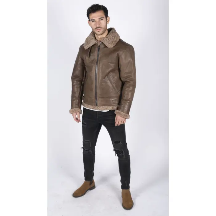 Mens Genuine Sheepskin Leather B3 Flying Aviator Vintage Brown Teddy Sheep Fur - Image 6