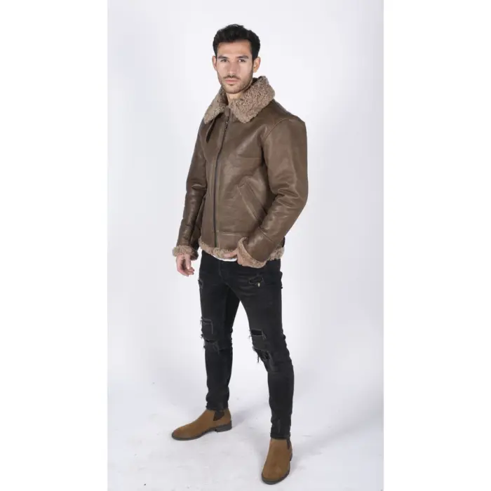 Mens Genuine Sheepskin Leather B3 Flying Aviator Vintage Brown Teddy Sheep Fur - Image 5