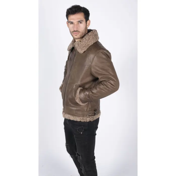 Mens Genuine Sheepskin Leather B3 Flying Aviator Vintage Brown Teddy Sheep Fur - Image 4