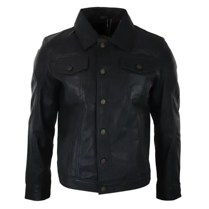 Mens Vintage Retro Jeans Jacket Style Real Leather Short Washed Biker - Image 1