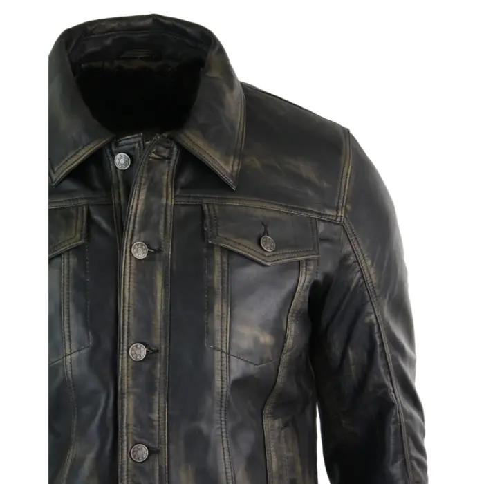 Mens Vintage Retro Jeans Jacket Style Real Leather Short Washed Biker - Image 14