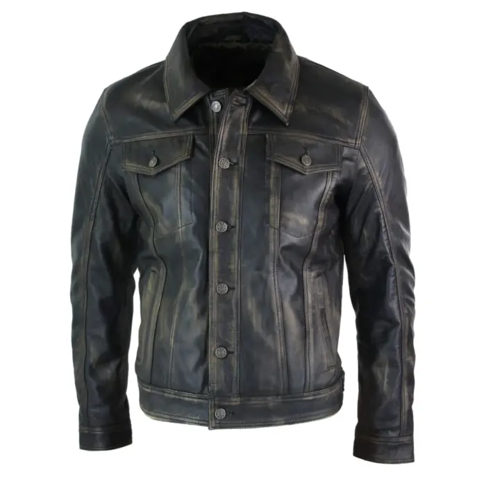Mens Vintage Retro Jeans Jacket Style Real Leather Short Washed Biker - Image 13