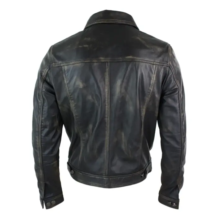 Mens Vintage Retro Jeans Jacket Style Real Leather Short Washed Biker - Image 12