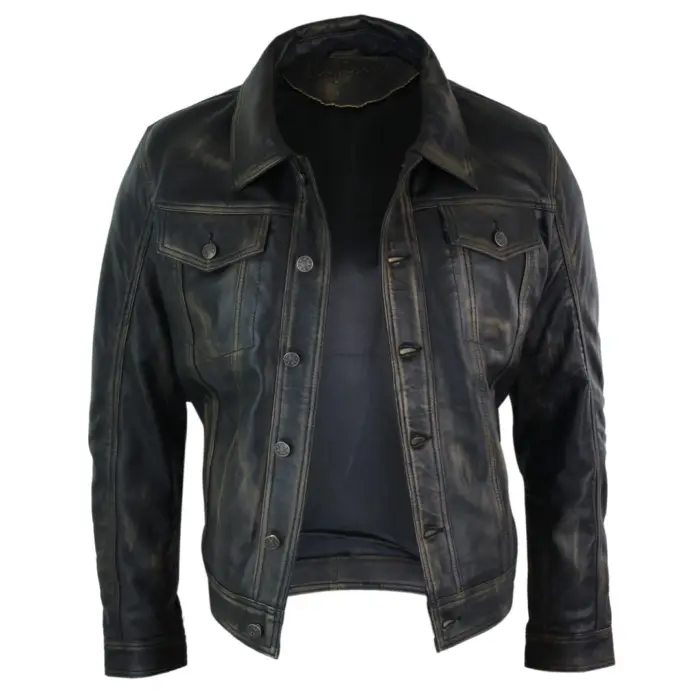 Mens Vintage Retro Jeans Jacket Style Real Leather Short Washed Biker - Image 11