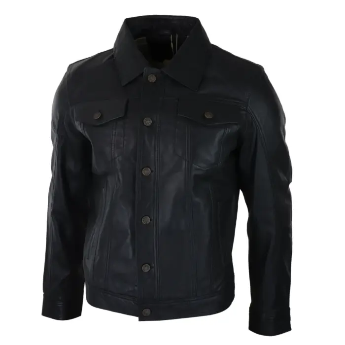 Mens Vintage Retro Jeans Jacket Style Real Leather Short Washed Biker - Image 2