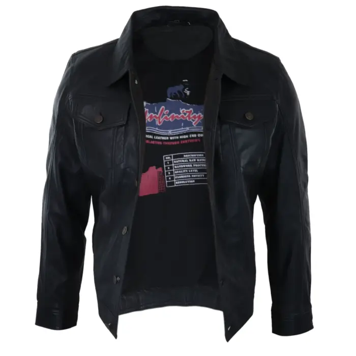 Mens Vintage Retro Jeans Jacket Style Real Leather Short Washed Biker - Image 4