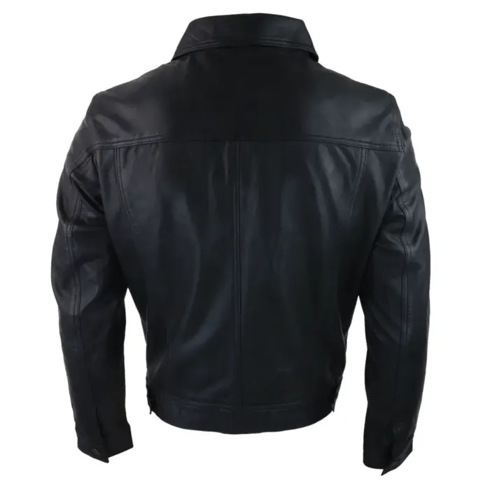 Mens Vintage Retro Jeans Jacket Style Real Leather Short Washed Biker - Image 3