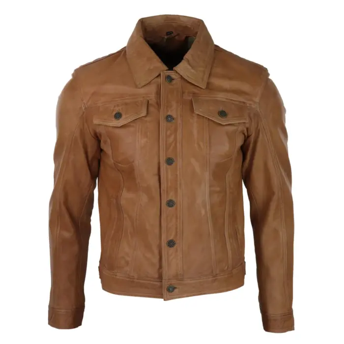 Mens Vintage Retro Jeans Jacket Style Real Leather Short Washed Biker - Image 5