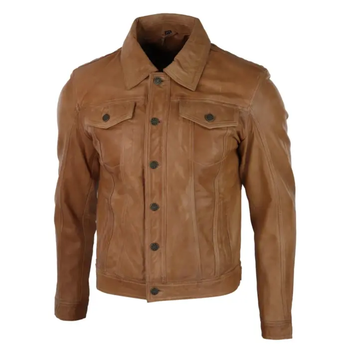 Mens Vintage Retro Jeans Jacket Style Real Leather Short Washed Biker - Image 9