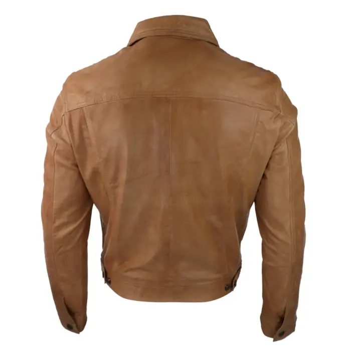 Mens Vintage Retro Jeans Jacket Style Real Leather Short Washed Biker - Image 6