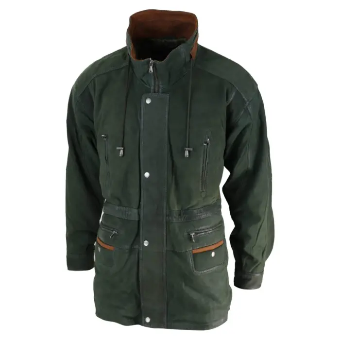 Mens Suede Genuine Safari Jacket Hunting Duffle Parka 3/4 Coat Classic Leather - Image 2
