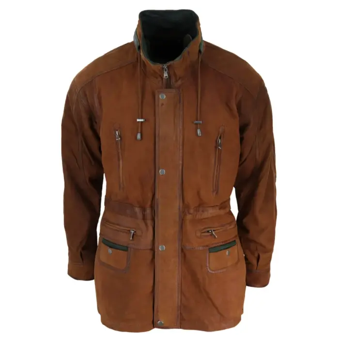 Mens Suede Genuine Safari Jacket Hunting Duffle Parka 3/4 Coat Classic Leather - Image 7