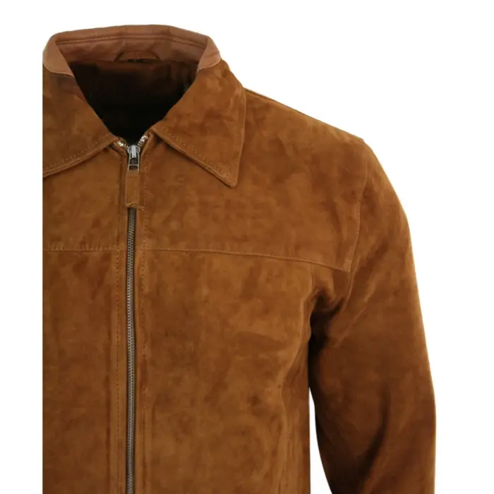 Mens Real Suede Leather Classic Zip Jacket Camel Turn Down Collar Vintage Retro - Image 3