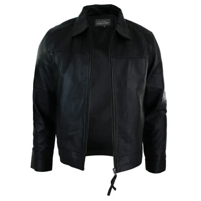 Mens Classic Zipped Real Leather Jacket Retro Black - Image 3