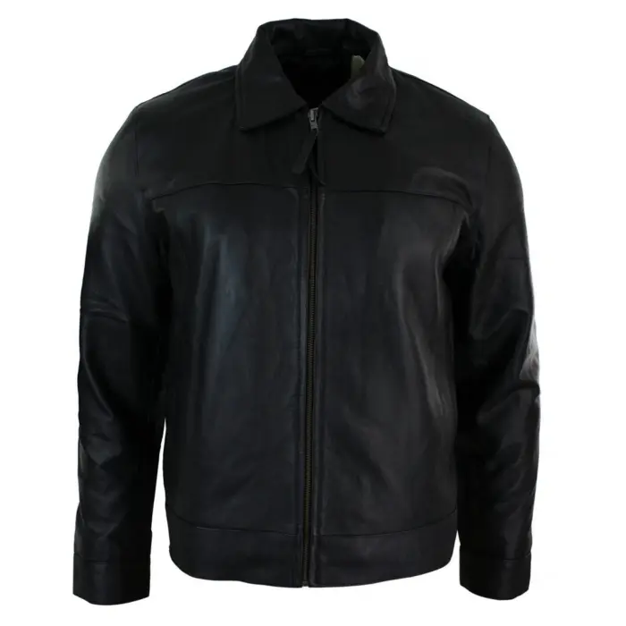 Mens Classic Zipped Real Leather Jacket Retro Black - Image 1