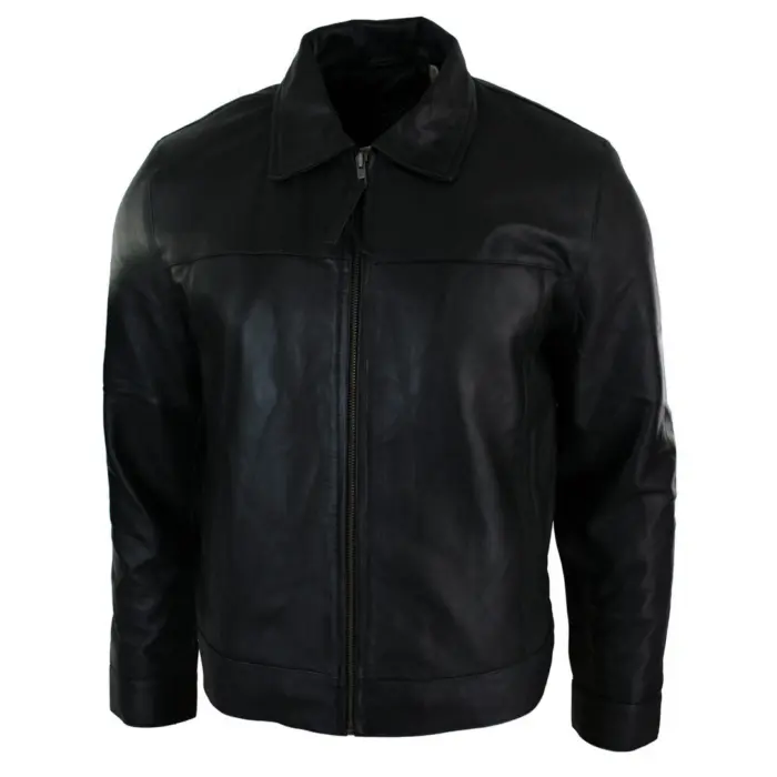 Mens Classic Zipped Real Leather Jacket Retro Black - Image 2