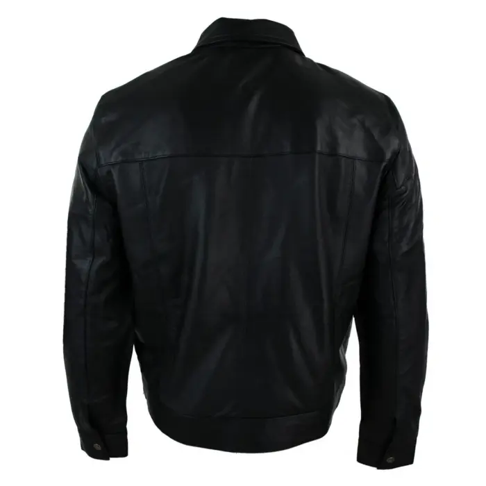 Mens Classic Zipped Real Leather Jacket Retro Black - Image 4