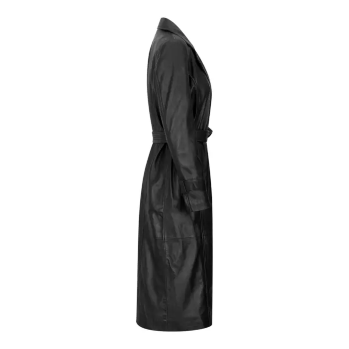 Womens Real Leather Trench Coat Mac Classic 3/4 Long Black 1980s Vintage Retro - Image 2