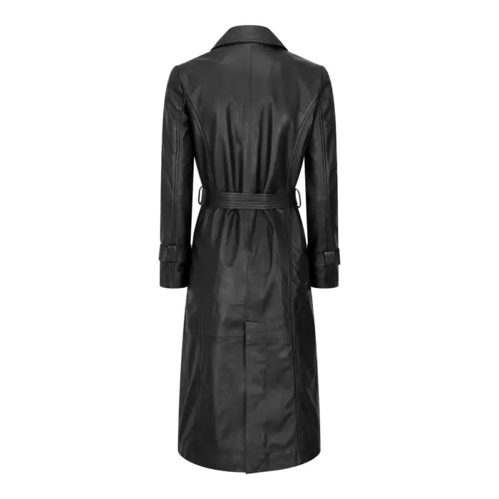Womens Real Leather Trench Coat Mac Classic 3/4 Long Black 1980s Vintage Retro - Image 4