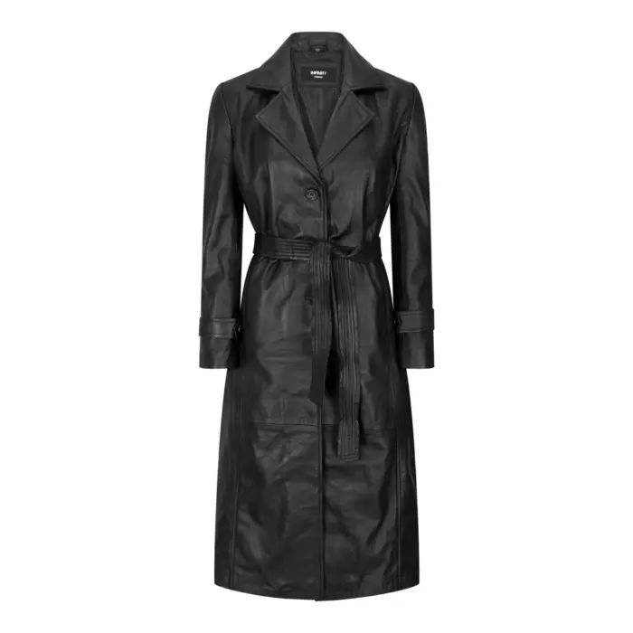 Womens Real Leather Trench Coat Mac Classic 3/4 Long Black 1980s Vintage Retro - Image 1