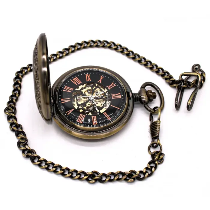 Mechanical Skeleton Half Hunter Vintage Wooden Pocket Watch - Image 3