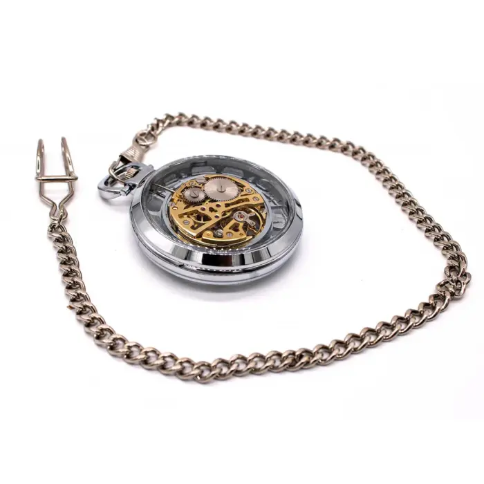 Mechanical Skeleton Open Face Silver Pocket Watch - Image 3
