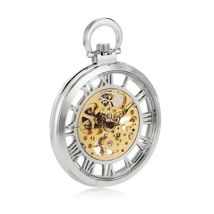 Mechanical Skeleton Open Face Silver Pocket Watch - Image 4