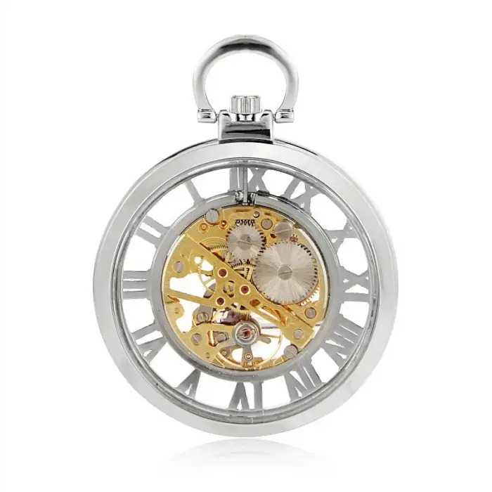 Mechanical Skeleton Open Face Silver Pocket Watch - Image 5
