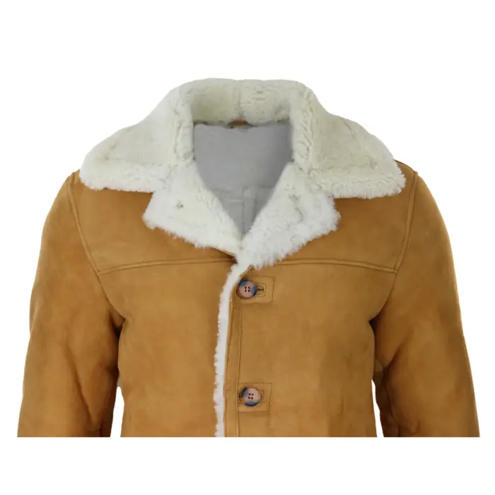 Mens 3/4 Genuine Sheepskin Coat Classic Tan Brown Camel Jacket Cream Fur - Image 2