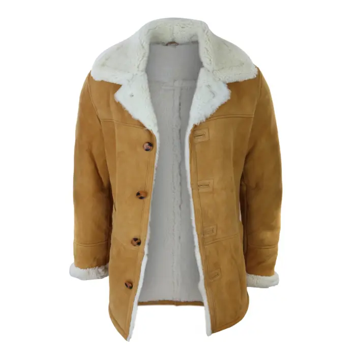 Mens 3/4 Genuine Sheepskin Coat Classic Tan Brown Camel Jacket Cream Fur - Image 3