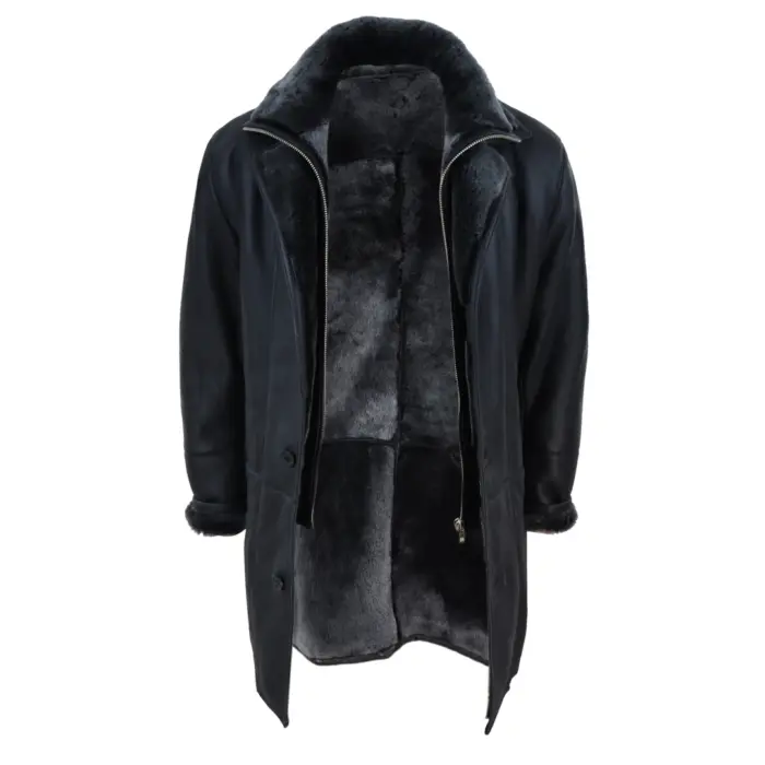 Mens 3/4 Duffle Jacket Real Sheepskin Long Smart Casual Button Zip Warm - Image 4