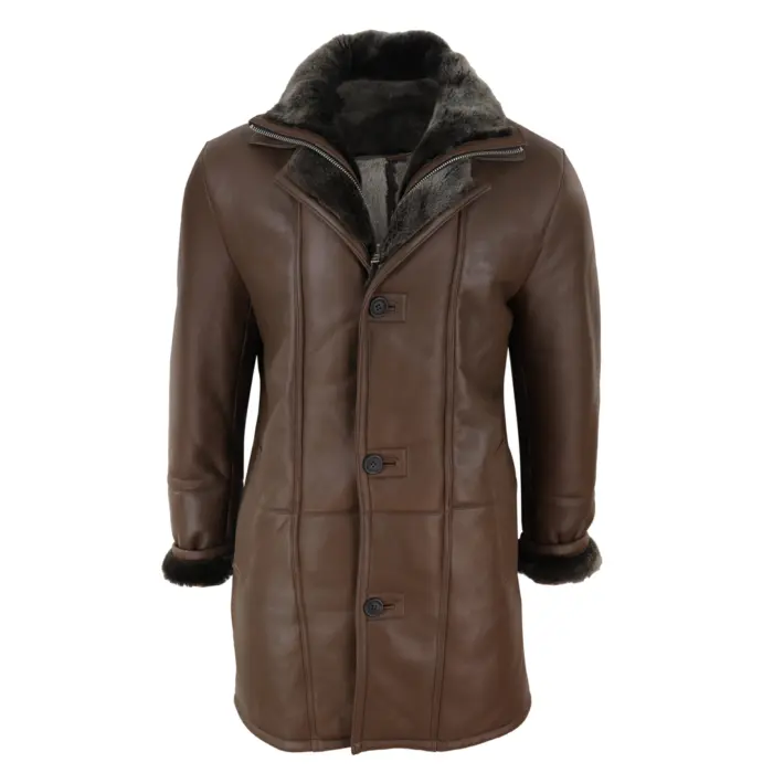 Mens 3/4 Duffle Jacket Real Sheepskin Long Smart Casual Button Zip Warm - Image 7