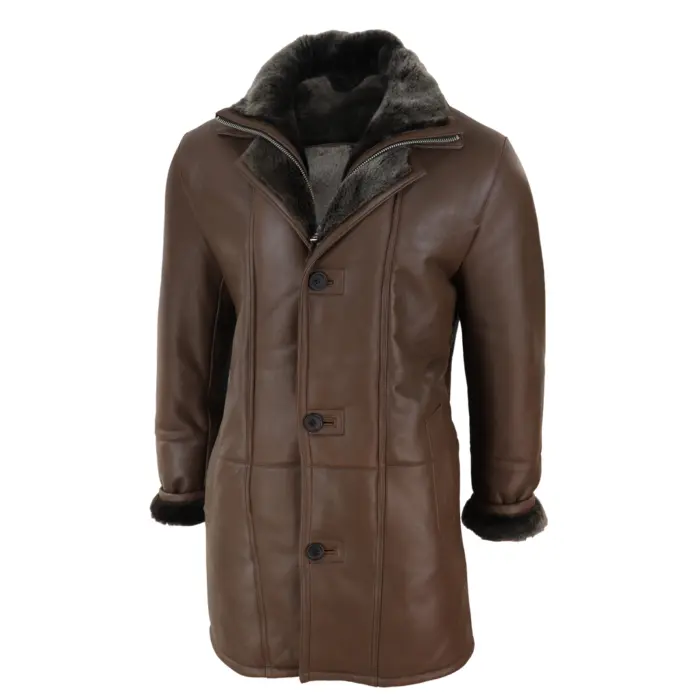 Mens 3/4 Duffle Jacket Real Sheepskin Long Smart Casual Button Zip Warm - Image 12